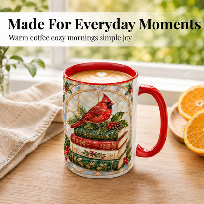#pl[15oz|Red] Christmas Cardinal Coffee Mug, Winter Holly Bird Mug, Ceramic Cup