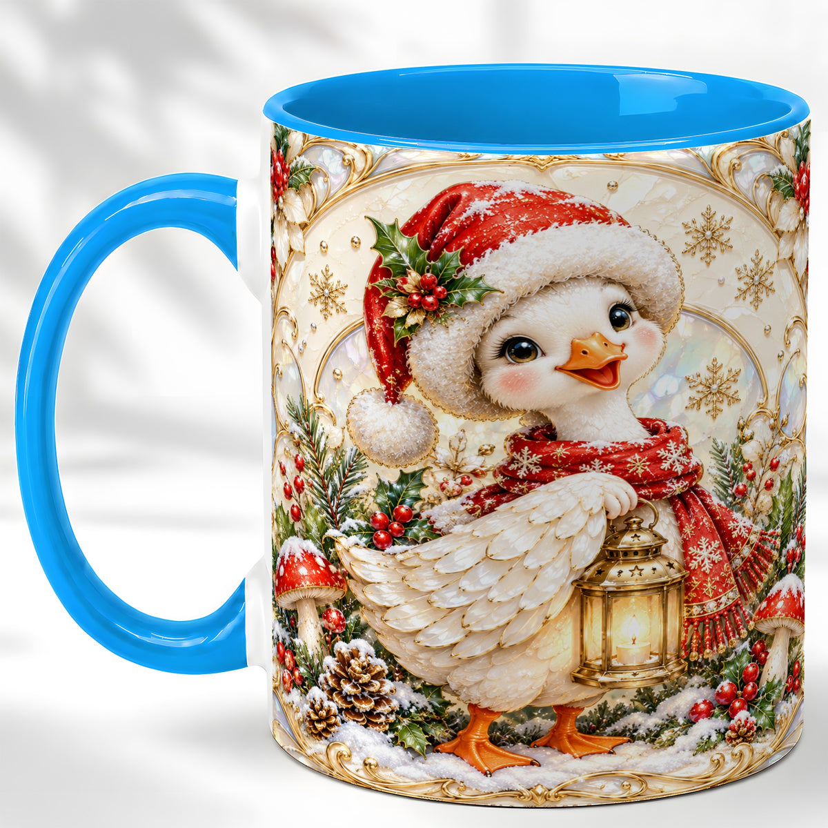 #pl[11oz|Blue] Christmas Goose Coffee Mug, Winter Lantern Holly Mug, Ceramic Cup