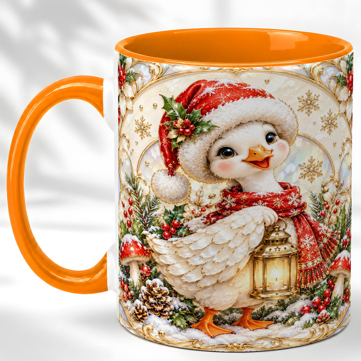#pl[11oz|Orange] Christmas Goose Coffee Mug, Winter Lantern Holly Mug, Ceramic Cup