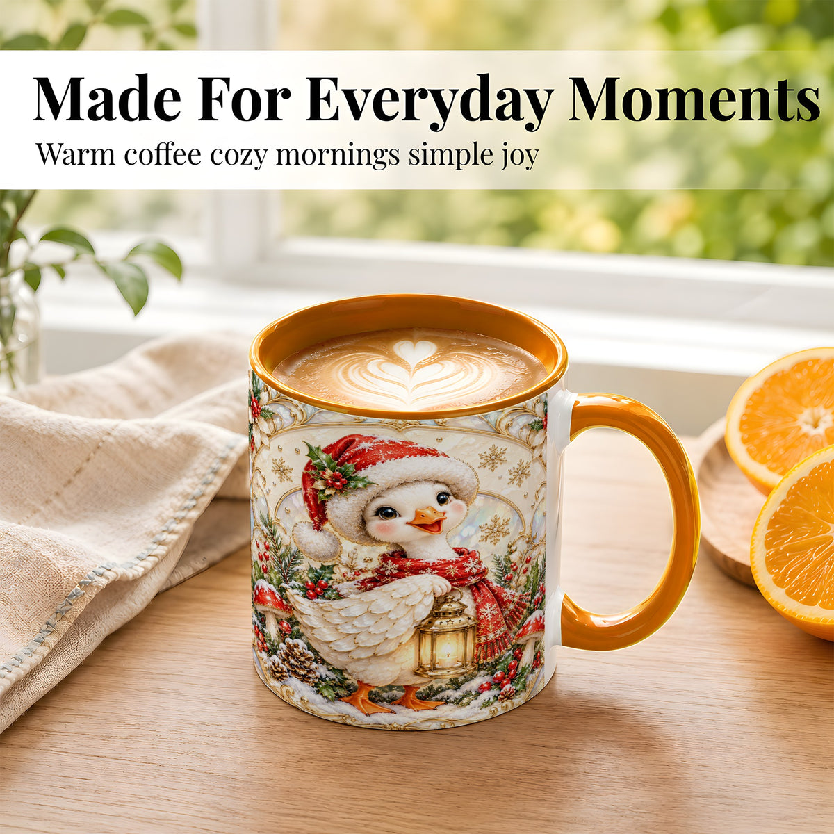 #pl[11oz|Orange] Christmas Goose Coffee Mug, Winter Lantern Holly Mug, Ceramic Cup
