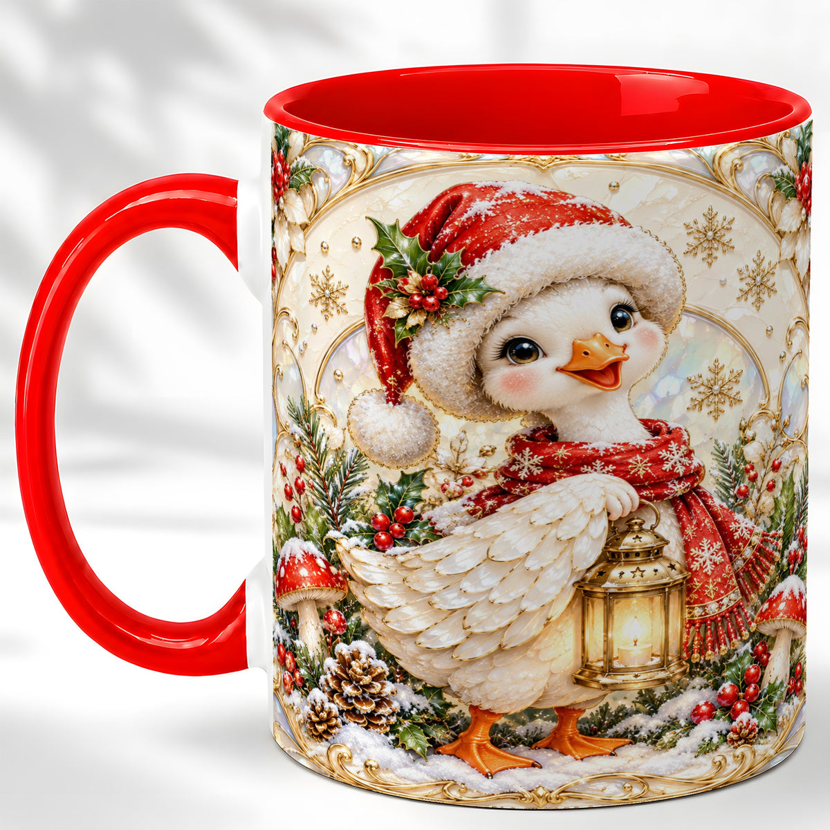 Christmas Goose Coffee Mug, Winter Lantern Holly Mug, Ceramic Cup