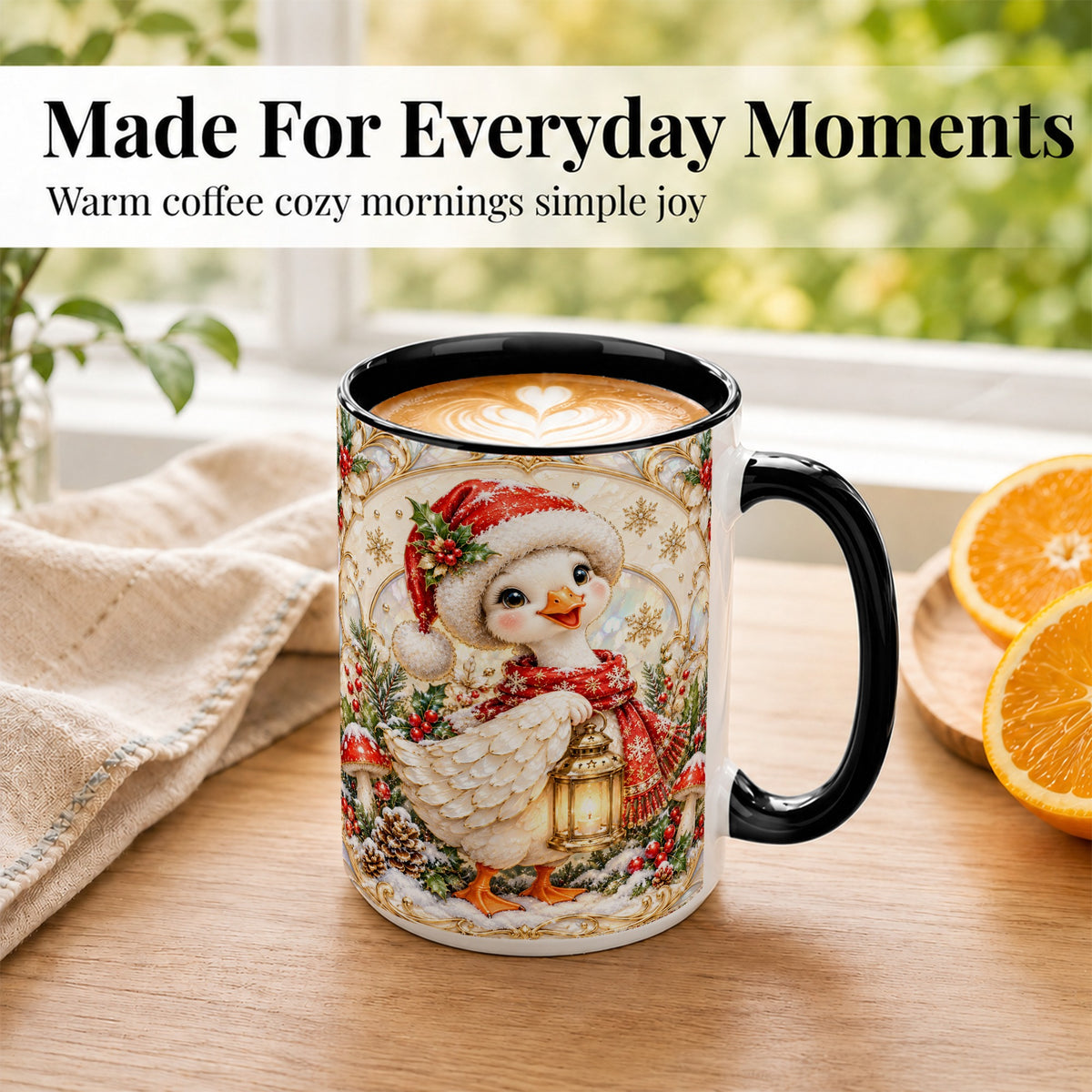 #pl[15oz|Black] Christmas Goose Coffee Mug, Winter Lantern Holly Mug, Ceramic Cup