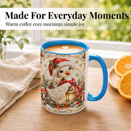 #pl[15oz|Blue] Christmas Goose Coffee Mug, Winter Lantern Holly Mug, Ceramic Cup