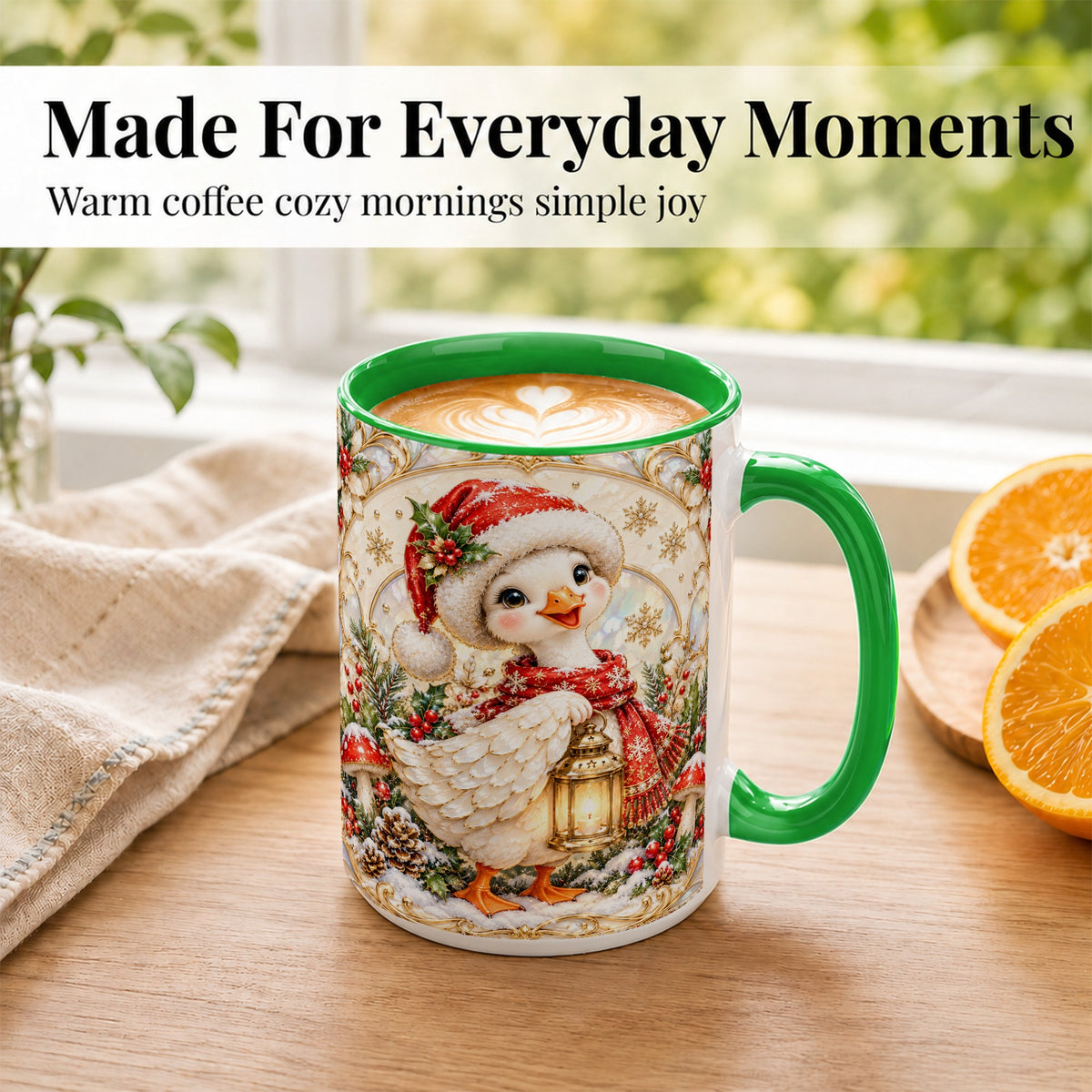 #pl[15oz|Green] Christmas Goose Coffee Mug, Winter Lantern Holly Mug, Ceramic Cup