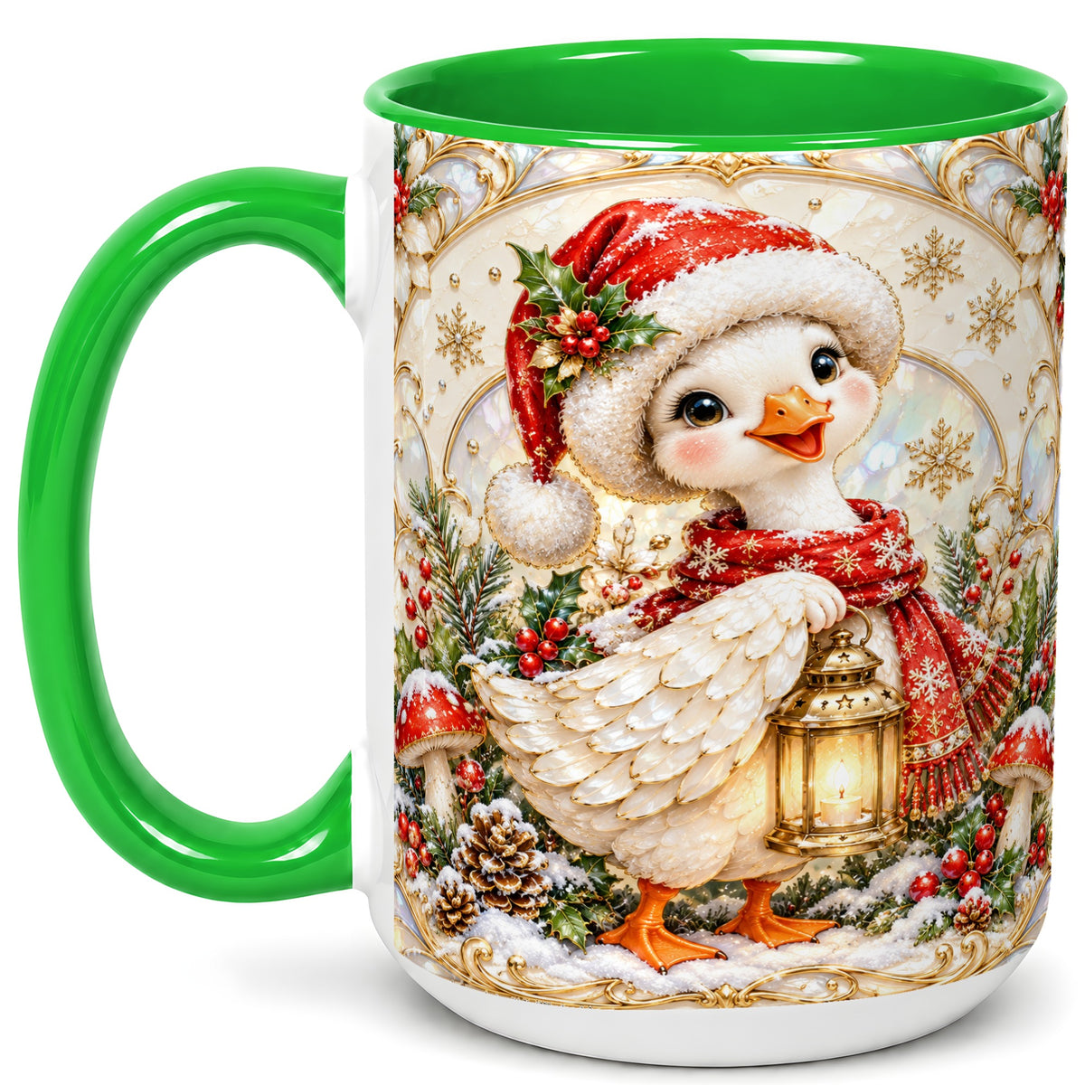 #pl[15oz|Green] Christmas Goose Coffee Mug, Winter Lantern Holly Mug, Ceramic Cup