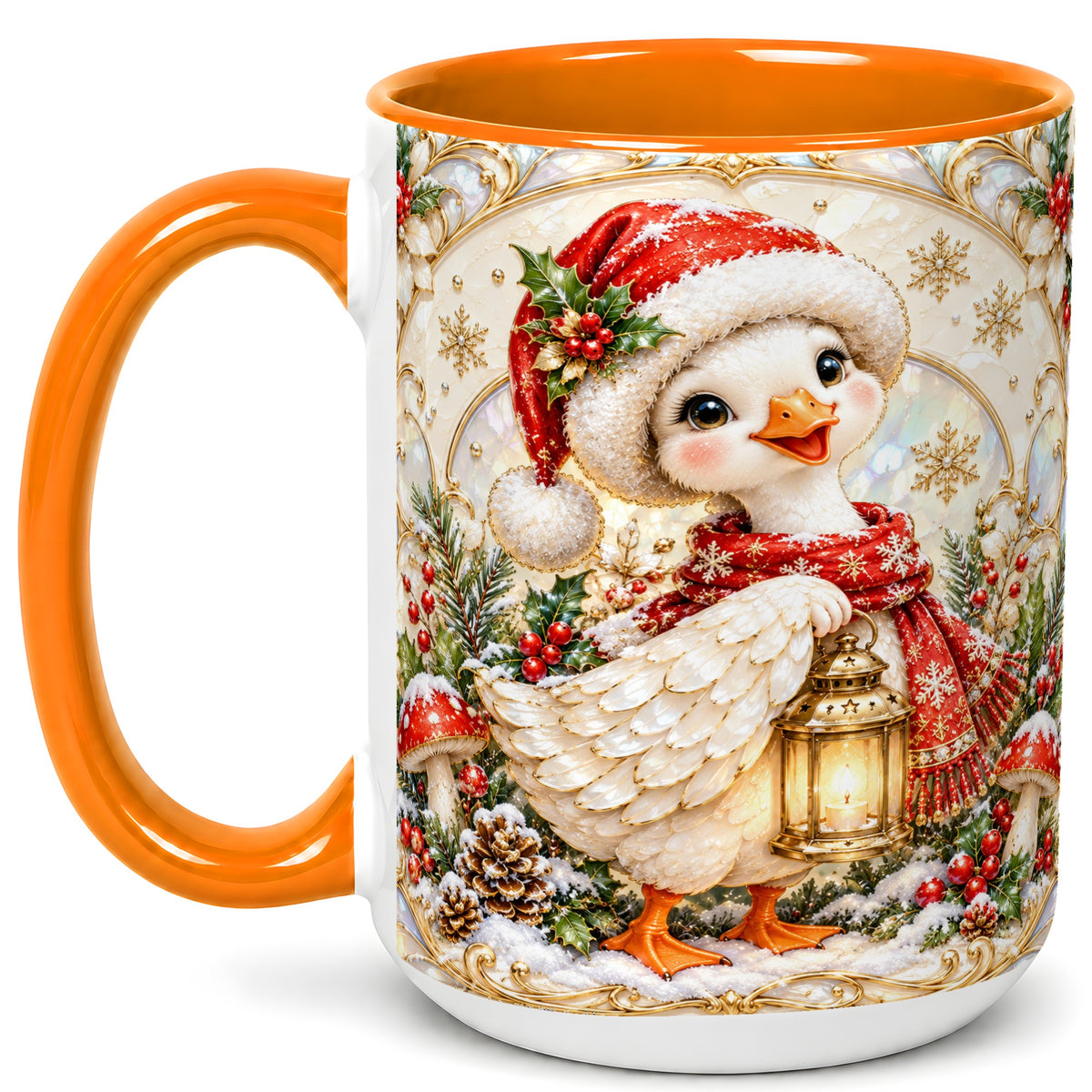 #pl[15oz|Orange] Christmas Goose Coffee Mug, Winter Lantern Holly Mug, Ceramic Cup