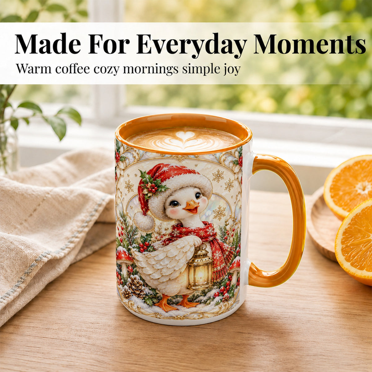 #pl[15oz|Orange] Christmas Goose Coffee Mug, Winter Lantern Holly Mug, Ceramic Cup