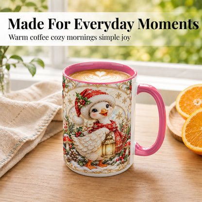 #pl[15oz|Pink] Christmas Goose Coffee Mug, Winter Lantern Holly Mug, Ceramic Cup