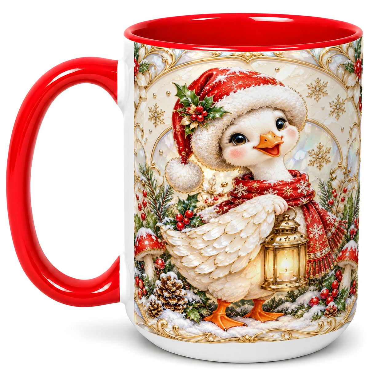 #pl[15oz|Red] Christmas Goose Coffee Mug, Winter Lantern Holly Mug, Ceramic Cup