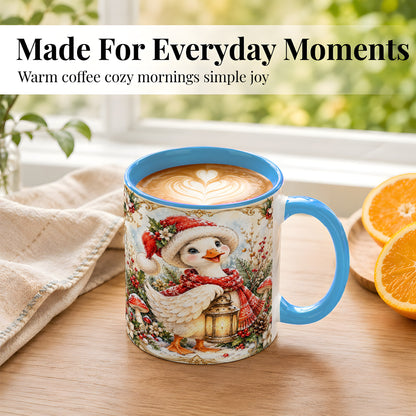 #pl[11oz|Blue] Watercolor Christmas Goose Coffee Mug, Winter Lantern Mug, Ceramic Cup