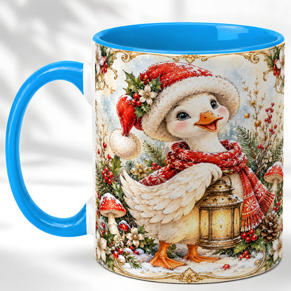 #pl[11oz|Blue] Watercolor Christmas Goose Coffee Mug, Winter Lantern Mug, Ceramic Cup