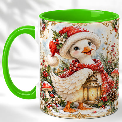 #pl[11oz|Green] Watercolor Christmas Goose Coffee Mug, Winter Lantern Mug, Ceramic Cup