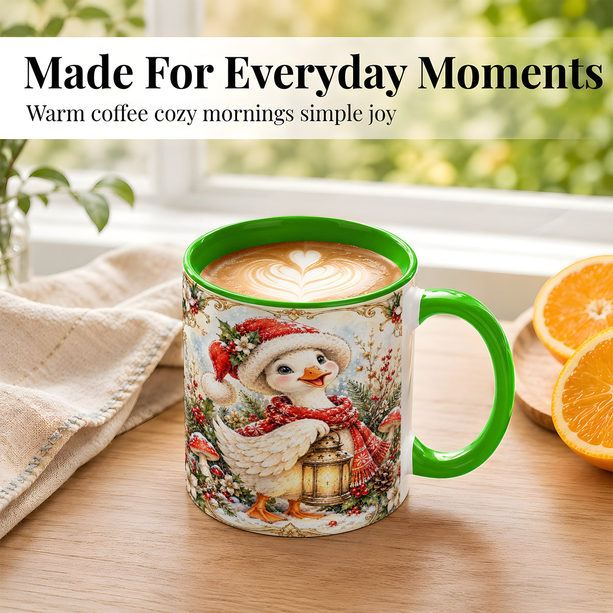#pl[11oz|Green] Watercolor Christmas Goose Coffee Mug, Winter Lantern Mug, Ceramic Cup