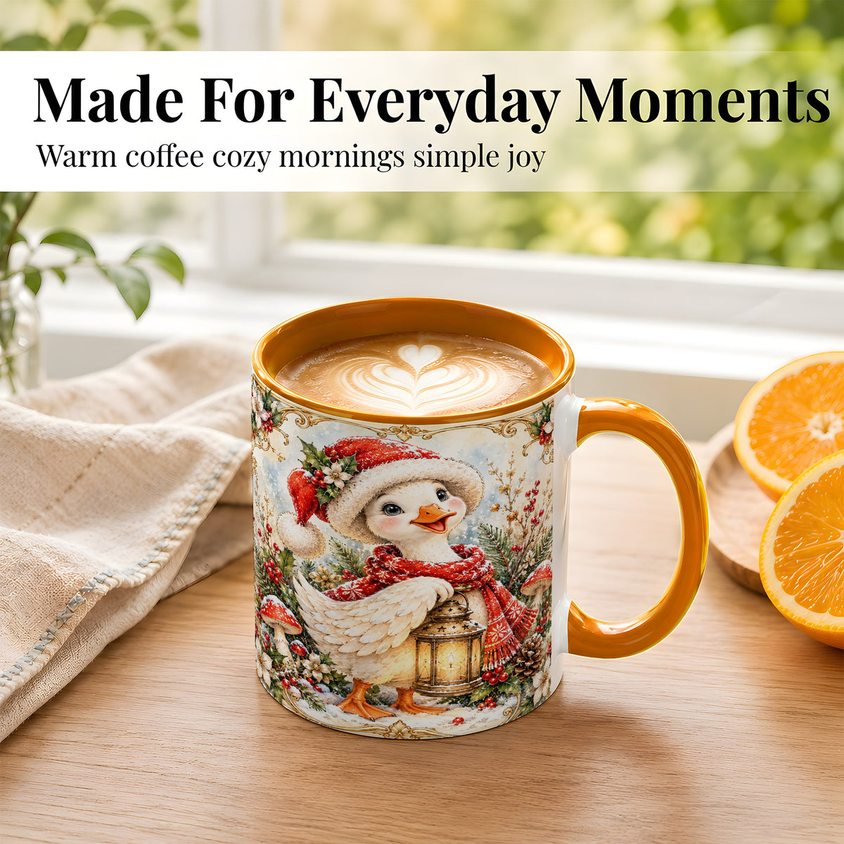 #pl[11oz|Orange] Watercolor Christmas Goose Coffee Mug, Winter Lantern Mug, Ceramic Cup