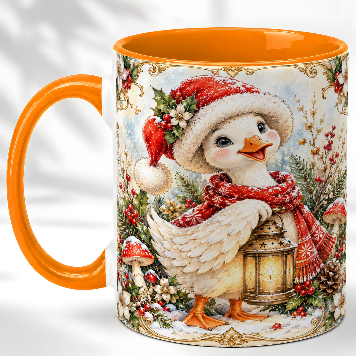 #pl[11oz|Orange] Watercolor Christmas Goose Coffee Mug, Winter Lantern Mug, Ceramic Cup