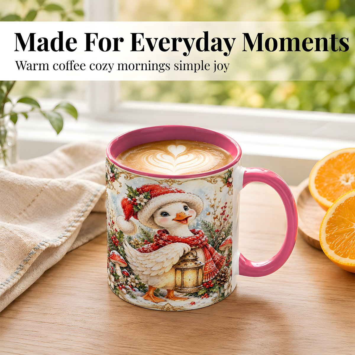 #pl[11oz|Pink] Watercolor Christmas Goose Coffee Mug, Winter Lantern Mug, Ceramic Cup
