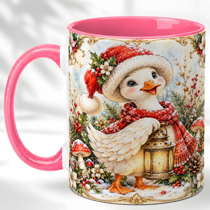 #pl[11oz|Pink] Watercolor Christmas Goose Coffee Mug, Winter Lantern Mug, Ceramic Cup