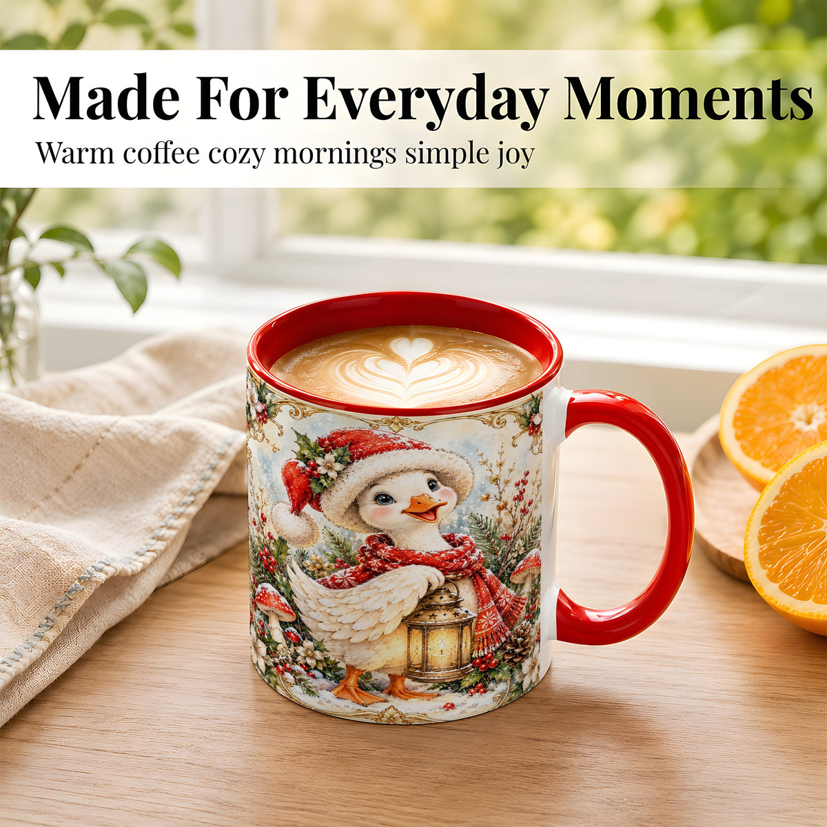 #pl[11oz|Red] Watercolor Christmas Goose Coffee Mug, Winter Lantern Mug, Ceramic Cup