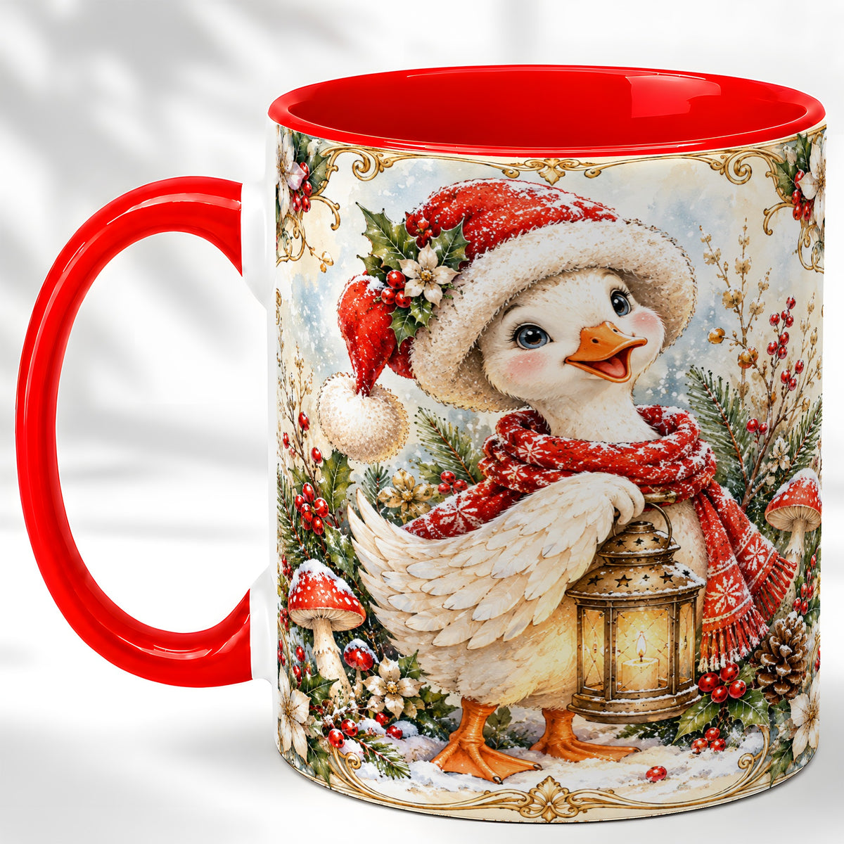 Watercolor Christmas Goose Coffee Mug, Winter Lantern Mug, Ceramic Cup