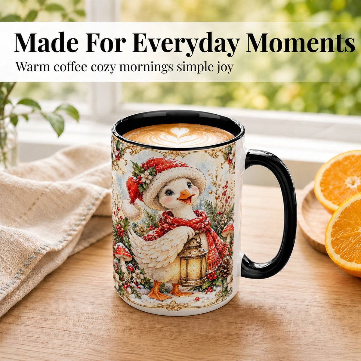 #pl[15oz|Black] Watercolor Christmas Goose Coffee Mug, Winter Lantern Mug, Ceramic Cup
