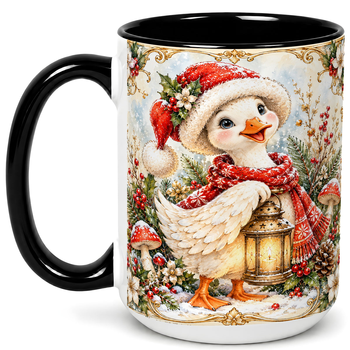 #pl[15oz|Black] Watercolor Christmas Goose Coffee Mug, Winter Lantern Mug, Ceramic Cup