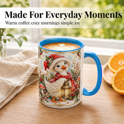 #pl[15oz|Blue] Watercolor Christmas Goose Coffee Mug, Winter Lantern Mug, Ceramic Cup
