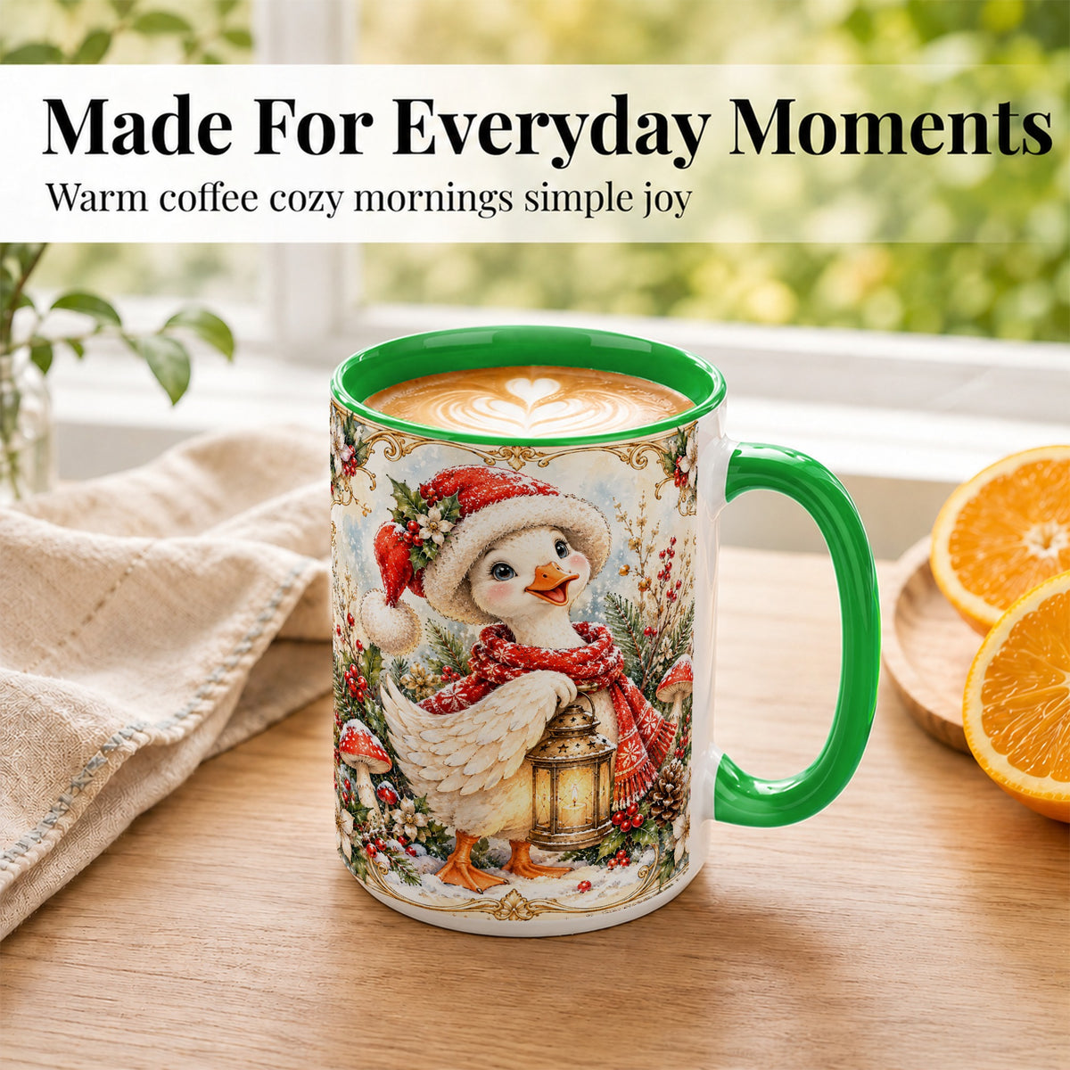#pl[15oz|Green] Watercolor Christmas Goose Coffee Mug, Winter Lantern Mug, Ceramic Cup