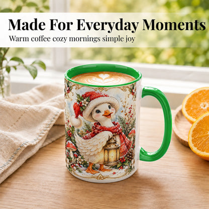 #pl[15oz|Green] Watercolor Christmas Goose Coffee Mug, Winter Lantern Mug, Ceramic Cup