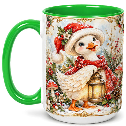 #pl[15oz|Green] Watercolor Christmas Goose Coffee Mug, Winter Lantern Mug, Ceramic Cup