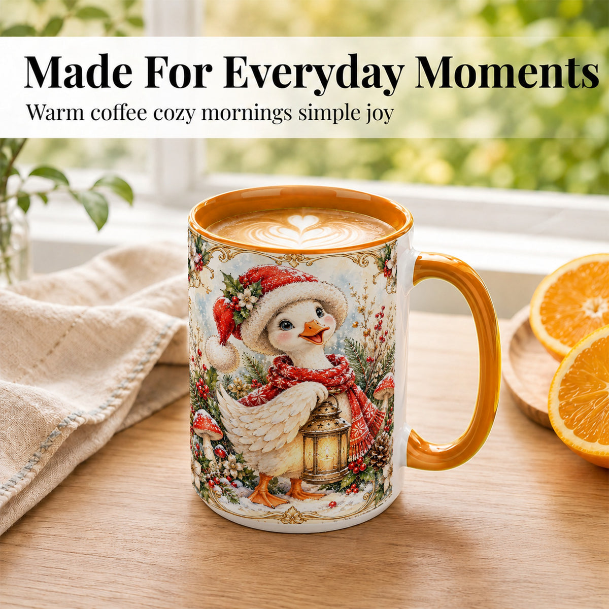 #pl[15oz|Orange] Watercolor Christmas Goose Coffee Mug, Winter Lantern Mug, Ceramic Cup