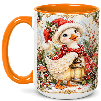 #pl[15oz|Orange] Watercolor Christmas Goose Coffee Mug, Winter Lantern Mug, Ceramic Cup