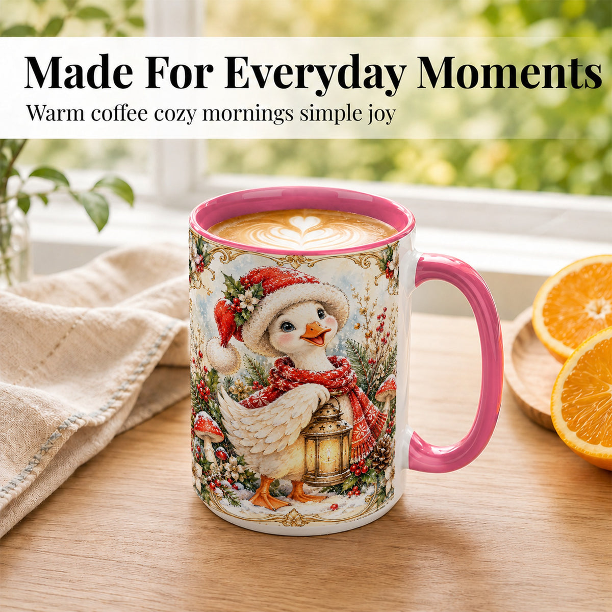 #pl[15oz|Pink] Watercolor Christmas Goose Coffee Mug, Winter Lantern Mug, Ceramic Cup