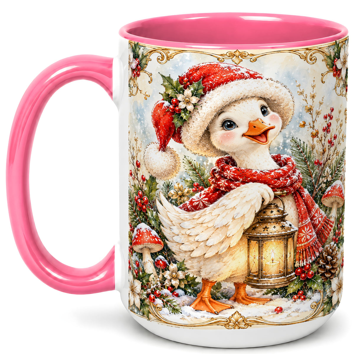#pl[15oz|Pink] Watercolor Christmas Goose Coffee Mug, Winter Lantern Mug, Ceramic Cup