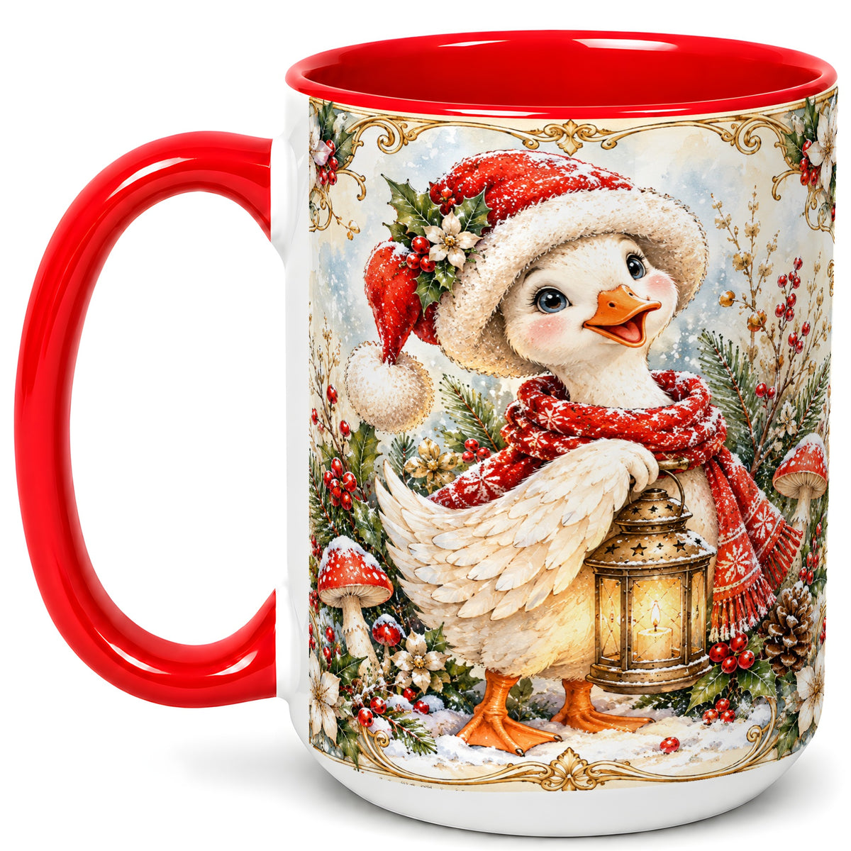 #pl[15oz|Red] Watercolor Christmas Goose Coffee Mug, Winter Lantern Mug, Ceramic Cup
