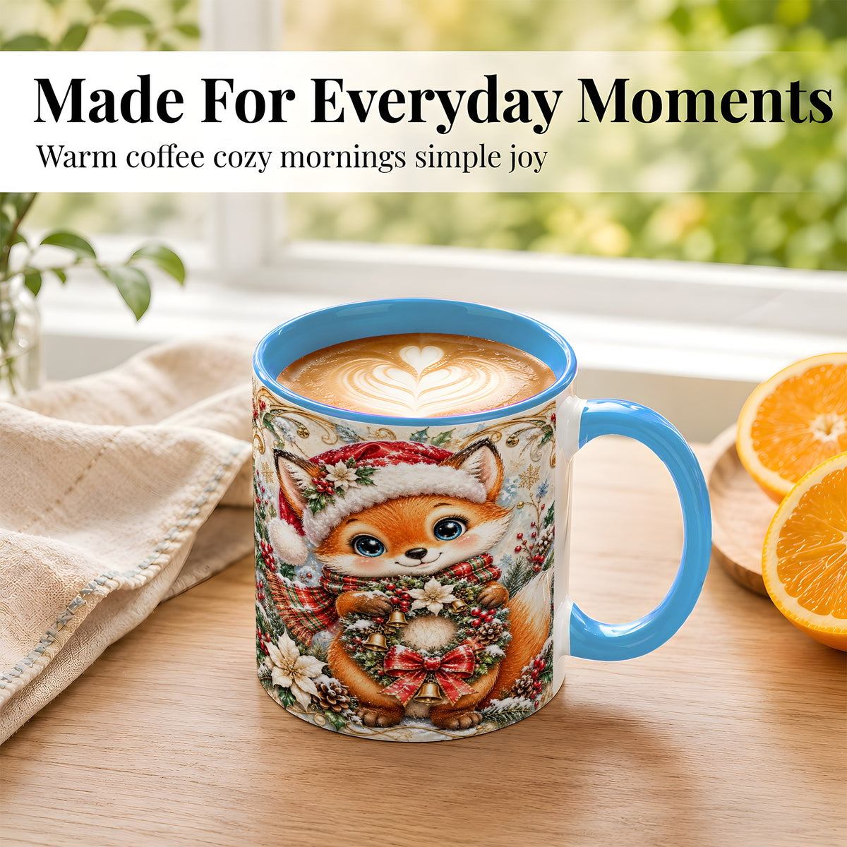 #pl[11oz|Blue] Christmas Fox Coffee Mug, Winter Wreath Bells Mug, Ceramic Cup