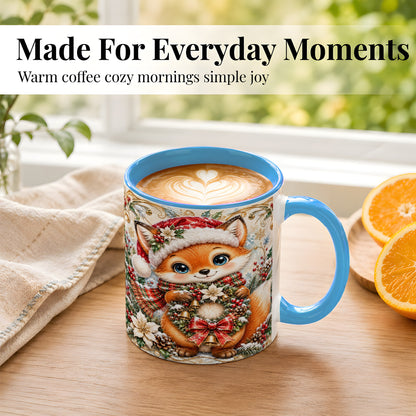 #pl[11oz|Blue] Christmas Fox Coffee Mug, Winter Wreath Bells Mug, Ceramic Cup