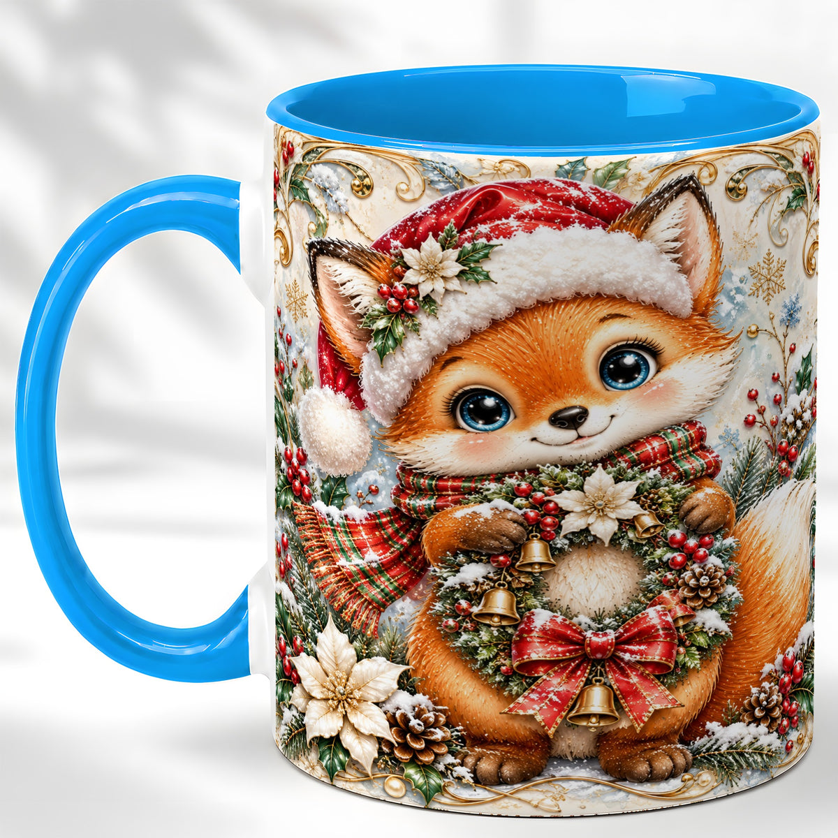 #pl[11oz|Blue] Christmas Fox Coffee Mug, Winter Wreath Bells Mug, Ceramic Cup