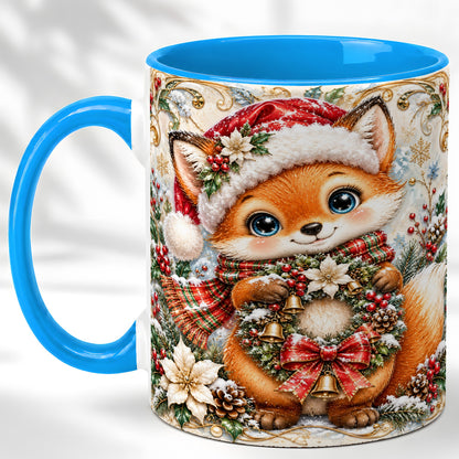 #pl[11oz|Blue] Christmas Fox Coffee Mug, Winter Wreath Bells Mug, Ceramic Cup