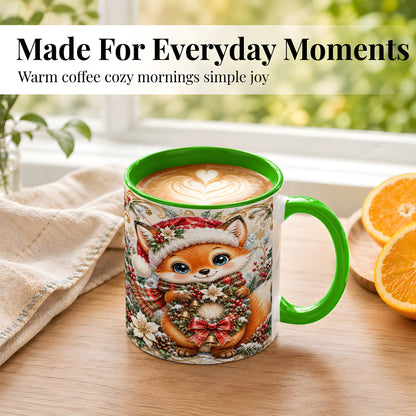 #pl[11oz|Green] Christmas Fox Coffee Mug, Winter Wreath Bells Mug, Ceramic Cup