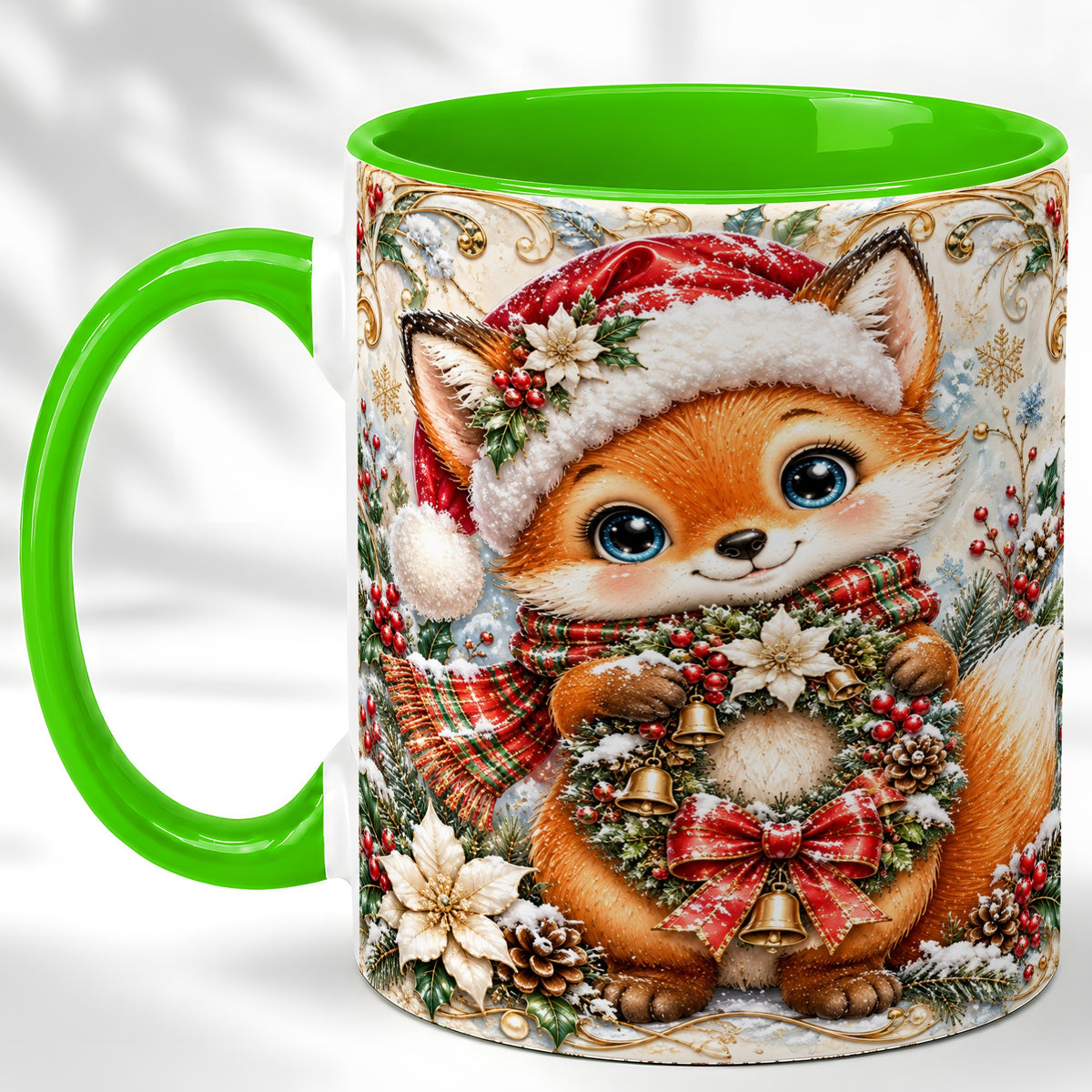 #pl[11oz|Green] Christmas Fox Coffee Mug, Winter Wreath Bells Mug, Ceramic Cup