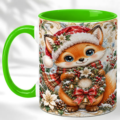 #pl[11oz|Green] Christmas Fox Coffee Mug, Winter Wreath Bells Mug, Ceramic Cup