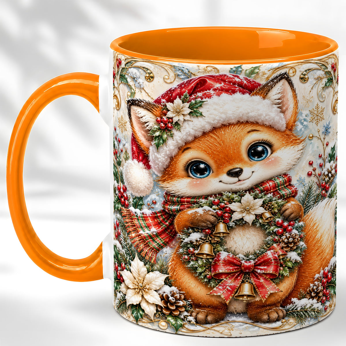 #pl[11oz|Orange] Christmas Fox Coffee Mug, Winter Wreath Bells Mug, Ceramic Cup