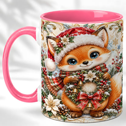 #pl[11oz|Pink] Christmas Fox Coffee Mug, Winter Wreath Bells Mug, Ceramic Cup