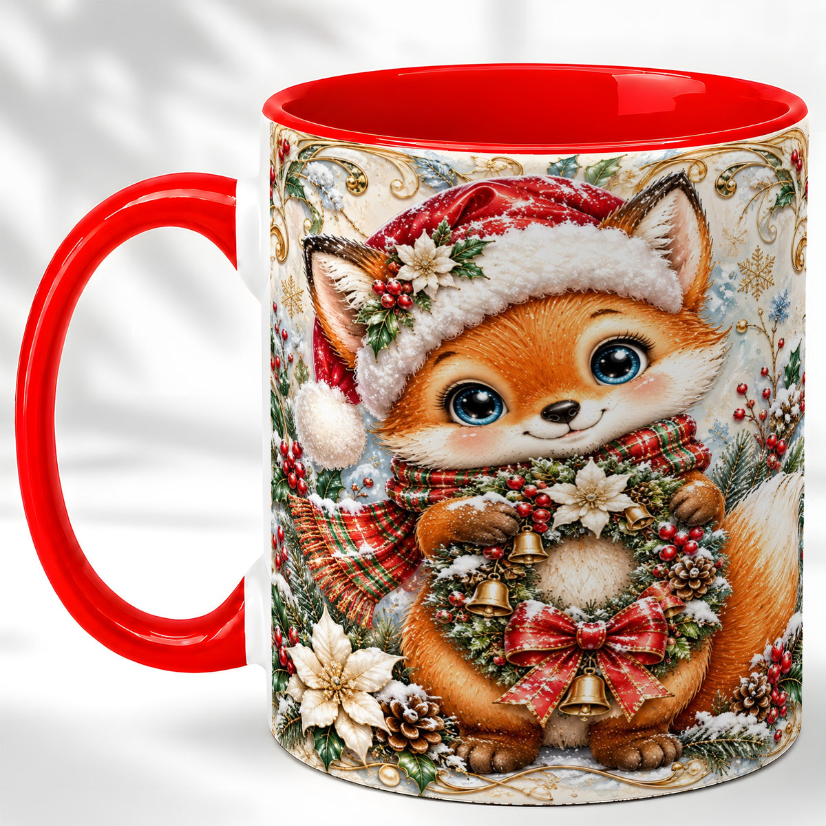 Christmas Fox Coffee Mug, Winter Wreath Bells Mug, Ceramic Cup