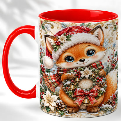 Christmas Fox Coffee Mug, Winter Wreath Bells Mug, Ceramic Cup
