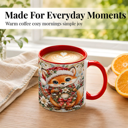 #pl[11oz|Red] Christmas Fox Coffee Mug, Winter Wreath Bells Mug, Ceramic Cup