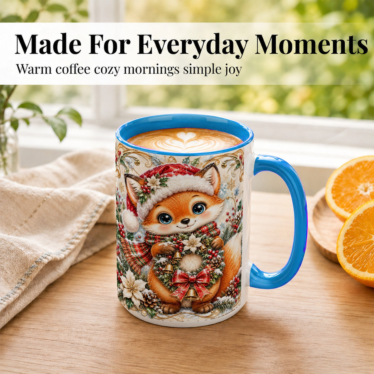 #pl[15oz|Blue] Christmas Fox Coffee Mug, Winter Wreath Bells Mug, Ceramic Cup