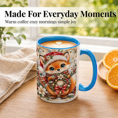 #pl[15oz|Blue] Christmas Fox Coffee Mug, Winter Wreath Bells Mug, Ceramic Cup