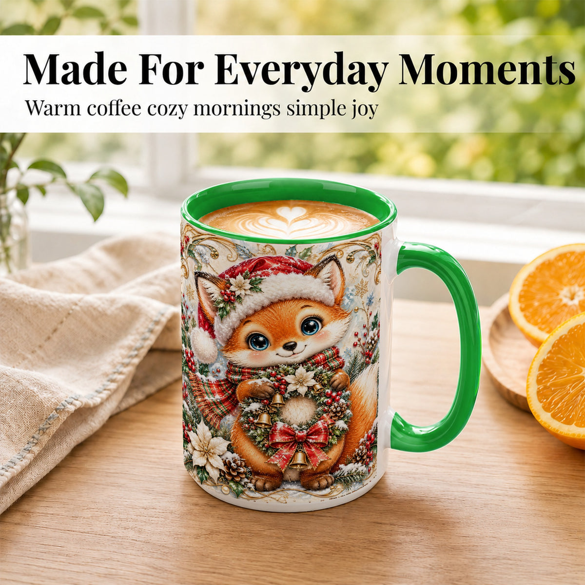 #pl[15oz|Green] Christmas Fox Coffee Mug, Winter Wreath Bells Mug, Ceramic Cup