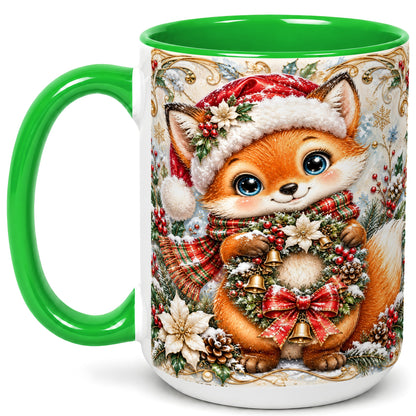 #pl[15oz|Green] Christmas Fox Coffee Mug, Winter Wreath Bells Mug, Ceramic Cup
